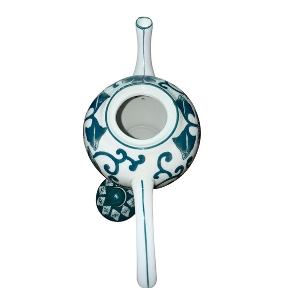 Vintage Porcelain Teapot With Floral Green & White Pattern Elegant Curved Handle - Picture 12 of 13